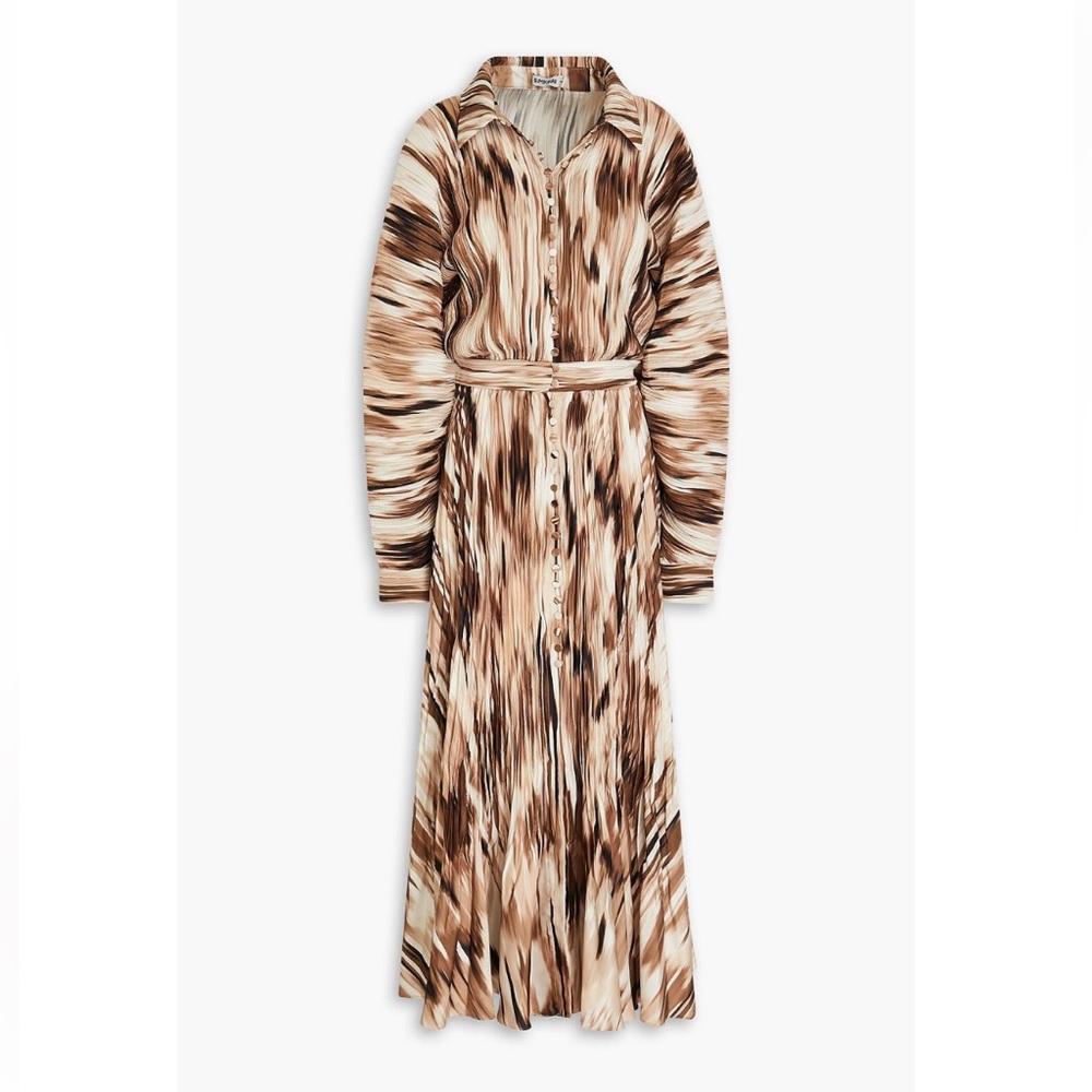 Johnathon SIMKHAI Indiana Printed Plisse Satin Midi Dress Long Sleeve